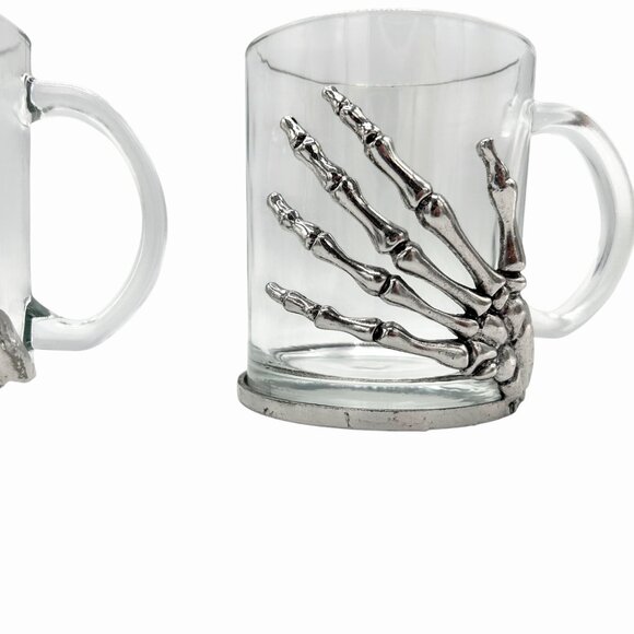 NWT SET OF 2 SILVER METAL SKELETON HAND GLASS MUGS HALLOWEEEN GOTHIC UNDEAD - Picture 3 of 7